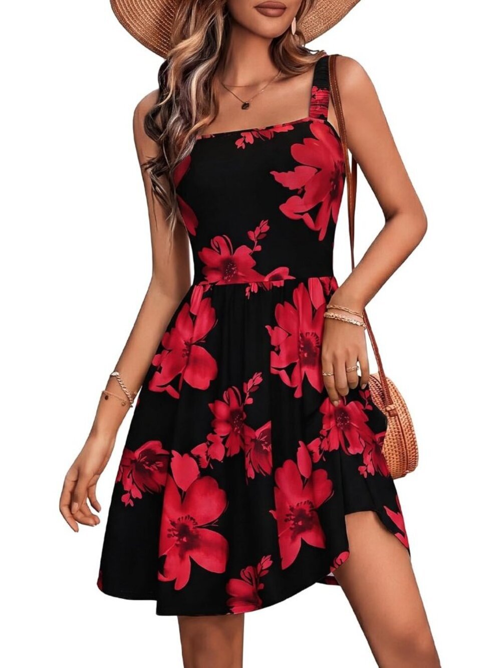 Women's Summer Square Neck Dress with Pocket Sleeveless Flower-97 High Waist